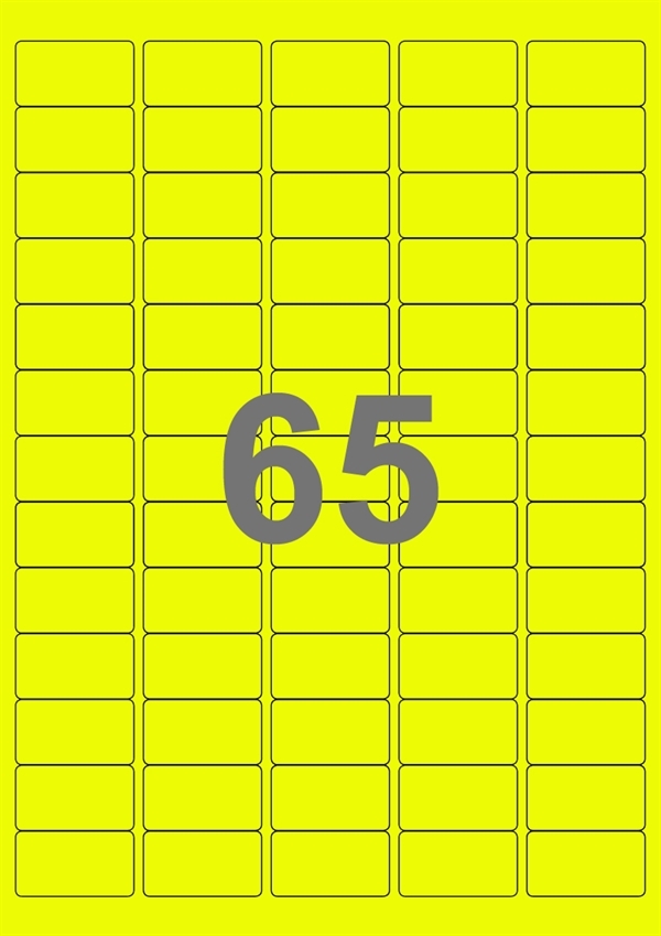 A4-etiketter, 65 Udstansede etiketter/ark, 38,1 x 21,2 mm, neon gul, 100 ark